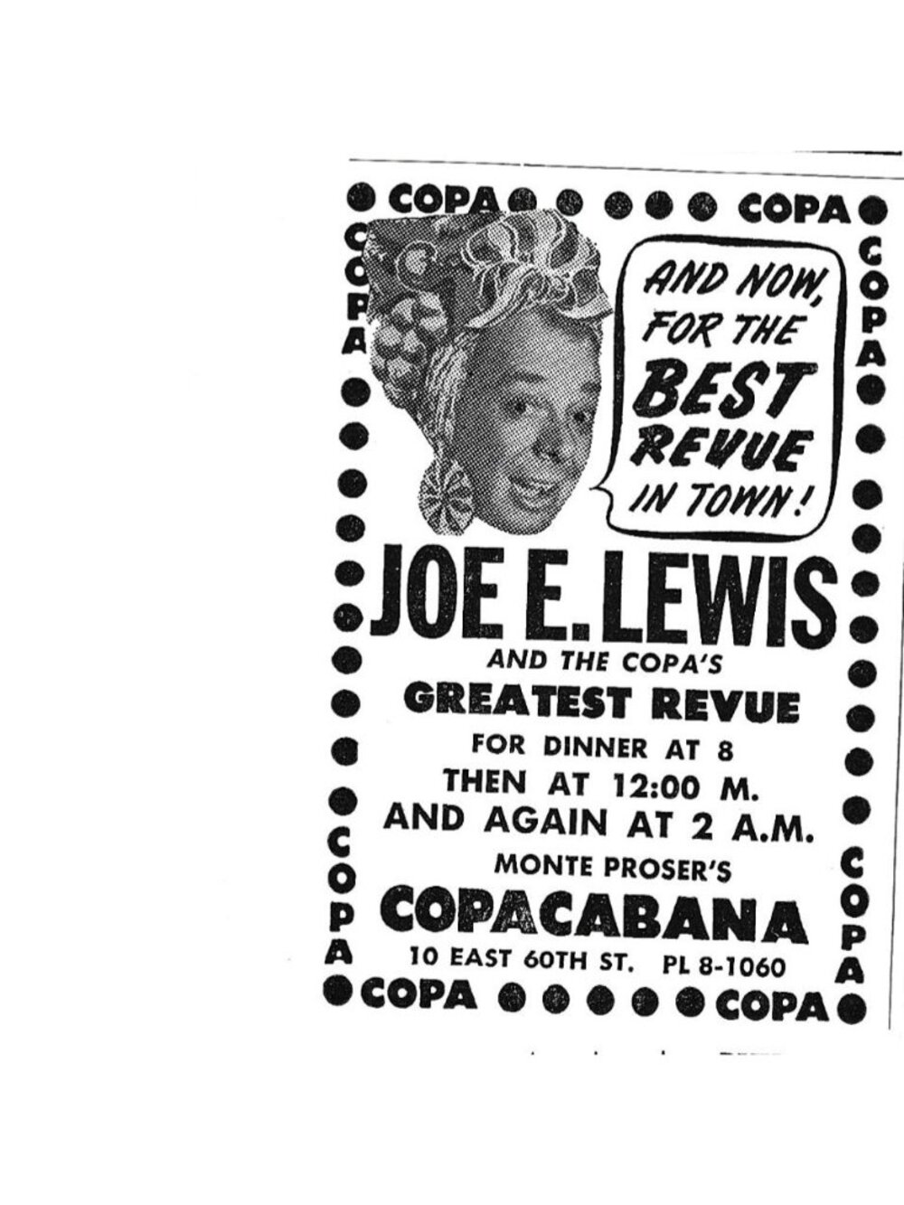 Print Ad Joe E Lewis Copas Greatest Revue Dinner Copacabana NYC Joe Lewis 1942